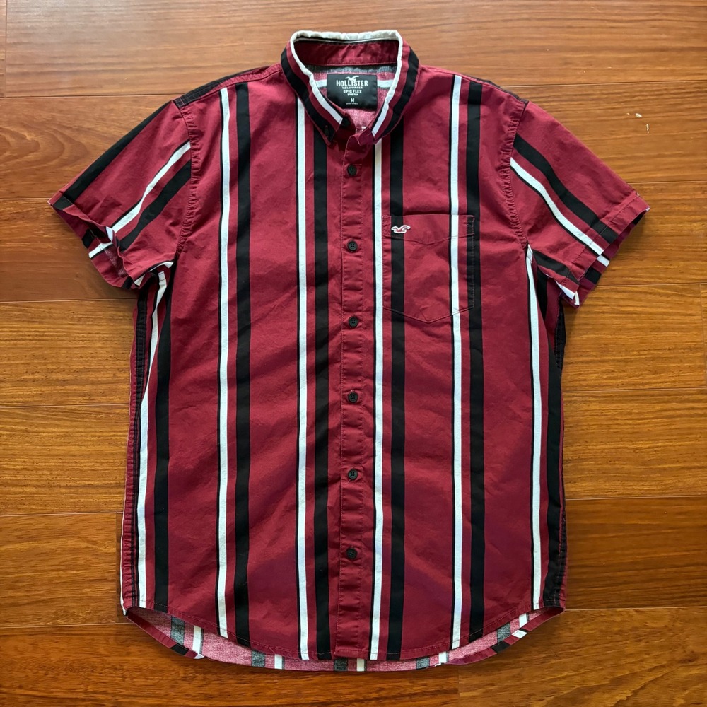 Hollister Mens Shirt Size M Red Black White Vertical Stripe Epic Flex Stretch SS
